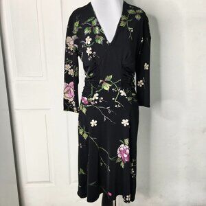 Roberto Cavalli Women's Black V Neck Long Sleeve Floral Dress Size 46 / 10 US